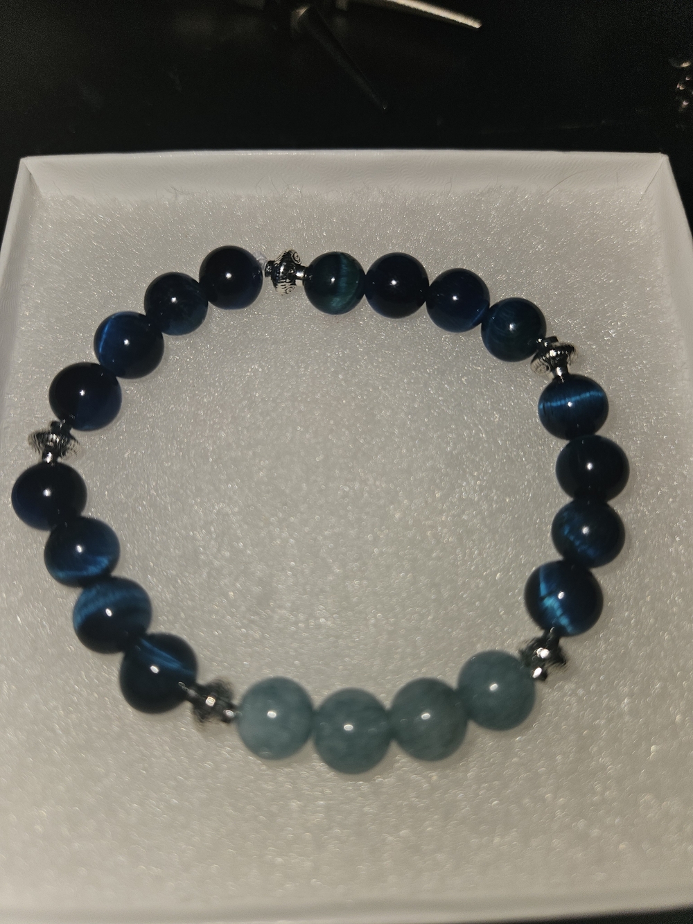 Blue Tiger's Eye And Angelite Beaded Stretch Bracelet with Silver Accents
